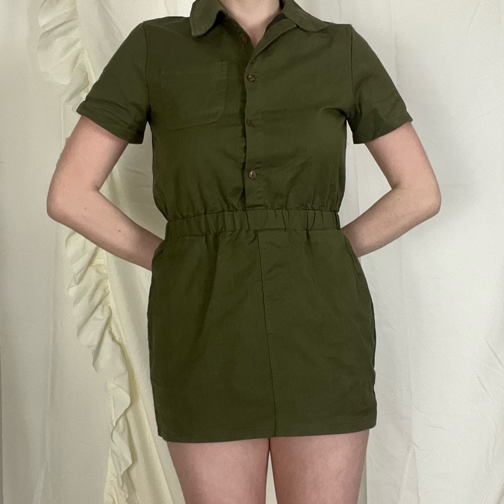 Military green mini dress with synched waist